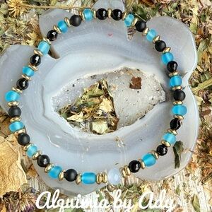 Blue opal black onyx beaded handmade bracelet silver